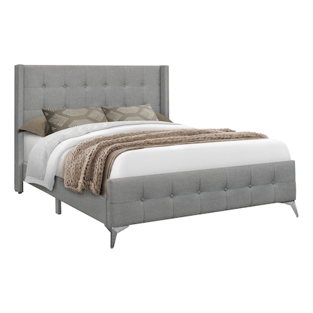 Monarch Specialties Bed, Queen Size, Bedroom, Upholstered, Grey Linen Look, Chrome Metal Legs I 6040Q